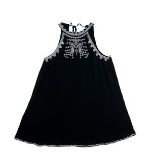 Forever 21 Black Halter Mini Dress White Embroidered Boho Sundress Women’s L